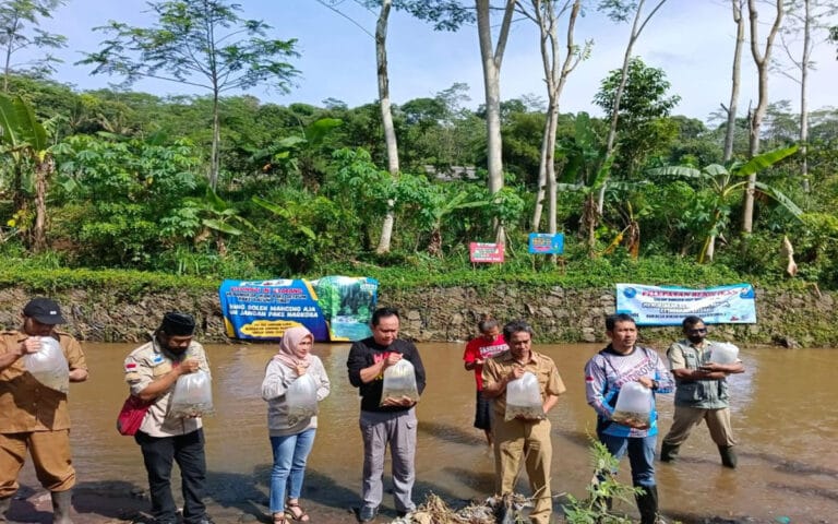 Jaga Ekosistem Sungai, BNNK Temanggung Tebar Ribuan Benih Ikan di Sungai Lutut